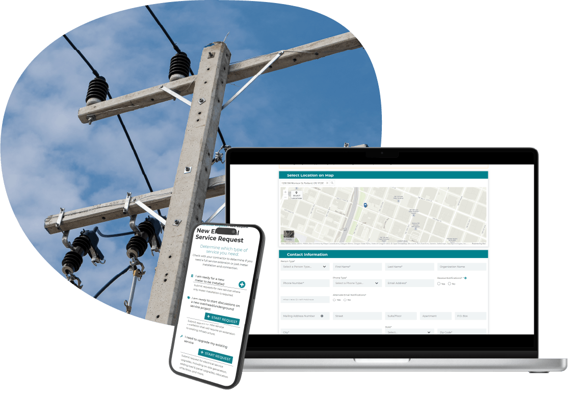 laptop and cell phone displaying online electric service extension application request form